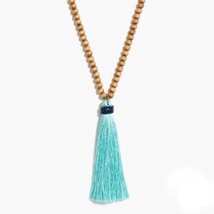J. Crew Wooden Bead Blue Tassel Pendant Necklace NWT